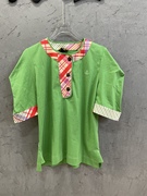 设计 潮ins撞色格子土星印花泡泡袖下摆开叉显瘦气质 显白绿色T恤