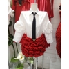 名媛风金色V字领带休闲衬衫上衣女法式立体玫瑰花朵半身裙裤套装