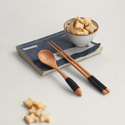 原木质餐具便携式缠线木筷子勺子，学生一人食日式和风旅行布袋套装