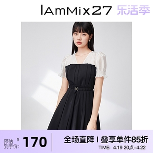 iammix27法式v领连衣裙，个性黑白撞色假两件拼接泡泡袖收腰裙子女