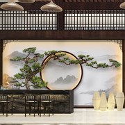 新中式山水客厅电视背景墙壁纸饭店，浮雕迎客松壁画5d立体包厢墙布