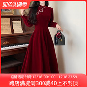 新中式旗袍敬酒服新娘秋冬大码高级感红色礼服回门订婚丝绒连衣裙