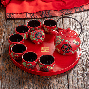 中式红色结婚陶瓷茶具套装，双喜茶壶敬茶杯，婚庆用品新娘嫁妆回礼物