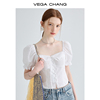 VEGA CHANG白色短袖衬衫女2023夏季设计感小众显瘦泡泡袖上衣