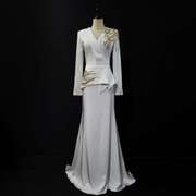 白色中式长袖礼服裙修身鱼尾年会主持人长裙气质演出轻奢风