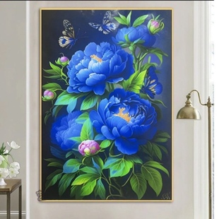 蓝色牡丹十字绣线绣刺绣客厅卧室小幅唯美花卉手工绣主播同款