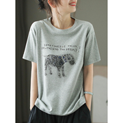 代勒原创纯棉卡通印花短袖t恤女夏季休闲钉珠，设计感套头上衣