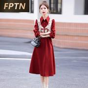 时尚酒红色衬衫连衣裙，女2023秋冬装，新中式盘扣国风假两件长裙