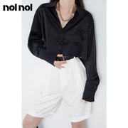 nolnol垂感缎面衬衫女设计感小众春夏黑色丝光衬衣长袖上衣
