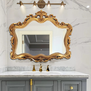 欧式卫生间镜子轻奢浴室镜带花边壁挂卫浴镜造型雕花梳妆镜子横款