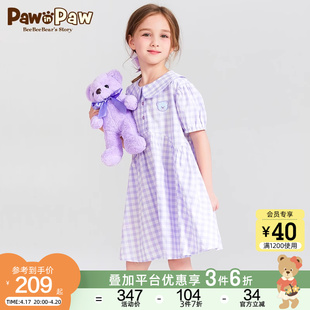PawinPaw卡通小熊童装夏季女童儿童翻领连衣裙格子甜美