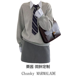 大码胖妹妹韩版学院风拼接衬衫，假两件长袖卫衣，+灰色a字半裙套装