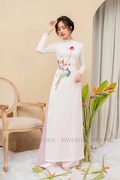 越南奥黛改良版旗袍舞台装，演出服荷花刺绣，阔脚裤两件套茶服礼仪服