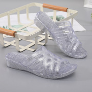 水晶果冻透明坡跟凉拖鞋女夏硬塑料外穿中跟一字拖鞋防滑防臭耐磨