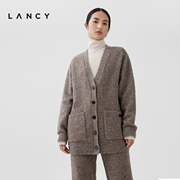 LANCY/朗姿2023冬季牦牛绒气质V领针织开衫高端中长款外套女