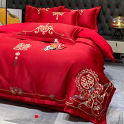 高档奢华中式刺绣婚庆四件套大红色床单被套全棉纯棉结婚床上用品