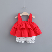 0-1-2-3岁婴儿衣服女宝宝，套装无袖夏装百天新生儿，韩版红色两件套