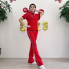 2023年佳木斯健身操红色字母短袖罗马微喇套装显瘦时尚