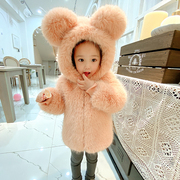 女童小熊皮草毛绒外套女宝宝冬季韩版毛毛棉服，加厚可爱洋气时髦粉