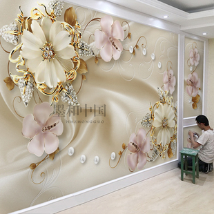 欧式花卉大气电视背景墙壁纸5d珠宝装饰墙纸客厅影视墙墙布8d壁画