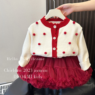 女童tutu裙套装，春秋装2024宝宝，红色加厚毛衣外套半身裙两件套