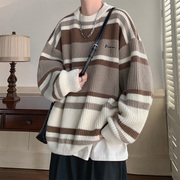 条纹毛衣男冬季加厚2022高级感外套，冬款慵懒风日系复古针织衫