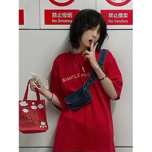 欧美高街红色夏季短袖t恤女正肩原创设计感小众别致纯棉ins潮上衣