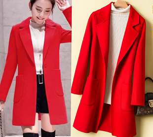 韩版新女春秋冬装大红色长袖，暗扣中长款翻领，西装毛呢大衣风衣外套