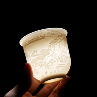 德化羊脂玉茶杯白瓷清明上河图杯龙凤，八骏品茗主人，杯功夫茶盏单杯