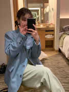 韩国chic春季复古气质西装领PU皮衣短外套女宽松休闲夹克上衣