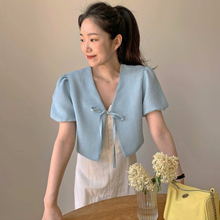 韩国chic夏季法式气质V领系带蝴蝶结宽松泡泡袖短款粗花呢外套女