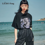 裂帛LIEBOFeng原创设计摩登新中式国风龙纹烫钻黑色宽松短袖T恤女