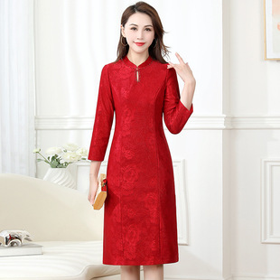 提花红色中长款中式优雅时尚礼服，裙24年春款七分袖修身洋气连衣裙