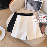 WSK404009 新中式国风短裤女小个子休闲阔腿裤盘扣提花白色高腰裤