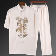 棉麻唐装男夏季薄款短袖衬衫中国风大码亚麻套装中老年人爸爸男装