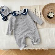 送帽子婴儿条纹连体衣0-2岁春季韩国童装宝宝，时尚海军领哈衣al287