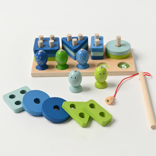 亲子益智 宝宝几何形状配对积木 多功能磁性钓鱼玩具 木质玩具