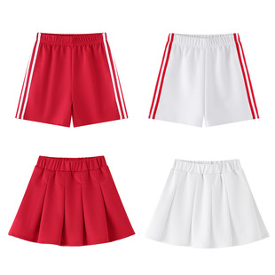 女童裙子白色半身裙，夏季小学生校服裤子百褶裙蓬蓬裙，男童红色短裤