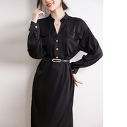 桑蚕丝连衣裙2024夏款黑色设计感宽松显瘦开叉长袖重磅真丝长裙