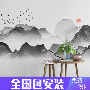 墙绘壁画简约现代新中式水墨意境，山水电视背景墙，壁纸客厅卧室墙z