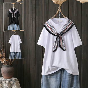 韩版夏装民族丝带宽松大码200斤棉质白色打底衫薄款短袖t恤女上衣