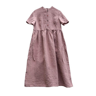 夏季色织亚麻粉豆沙色圆领短袖系带裙子文艺复古宽松连衣裙长