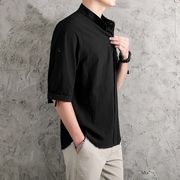 亚麻衬衫男士短袖黑白衬衣，宽松中国风，夏季棉麻休闲男装七分袖上衣