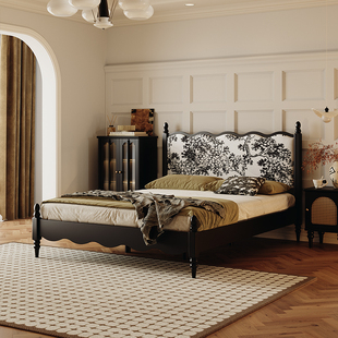 法式复古实木床软包波浪床1.8米双人主卧美式床轻奢黑色中古床
