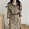 韩国chic秋季复古气质，翻领单排扣收腰显瘦长袖，衬衫式连衣裙长裙女