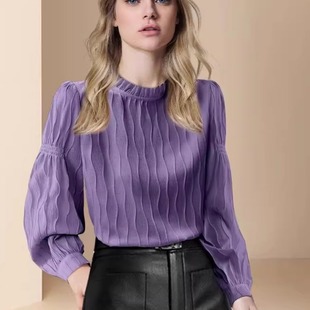 欧美时尚通勤法式紫色衬衫女2023早秋装衬衣洋气减龄长袖上衣