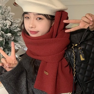 陈奶奶(陈奶奶)韩系极简红色针织，围巾女冬季高级感百搭保暖加厚加长围脖