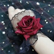 lolita手袖暗黑系蕾丝手腕套手袖女酒红色玫瑰花礼服袖套手腕花潮