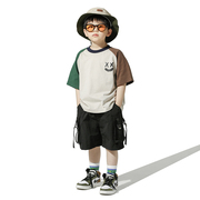 男童撞色日系短袖t恤2024夏季儿童，洋气棉插肩袖打底衫宽松百搭潮