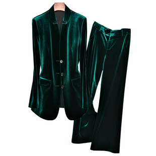 古丝2024春装立领时尚修身墨绿色金丝绒气质设计感职业女套装
